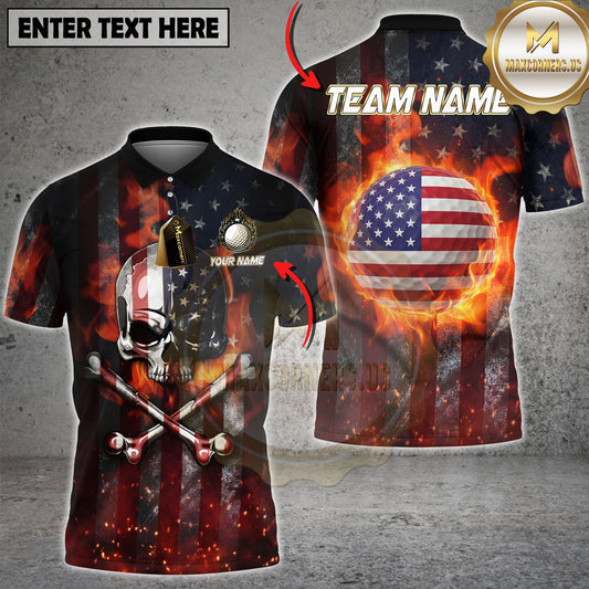 Maxcorners Golf Shirts  Ball American Flag Fire Graphic Multi Options Personalized Name, Team Name 3D Shirt
