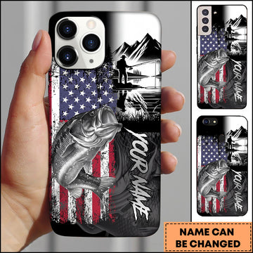 Maxcorners Bass Fishing Patriotic USA Flag Mountain Angler Silhouette Personalized Name Phone Case