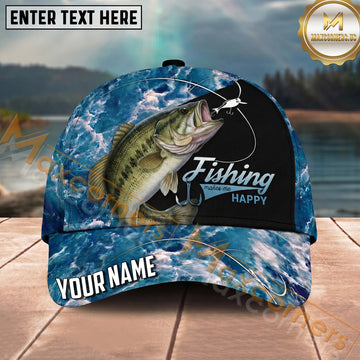 Maxcorners Fishing Blue Ocean Foam Happy Quote Personalized Name 3D Cap (12 Fish Species)