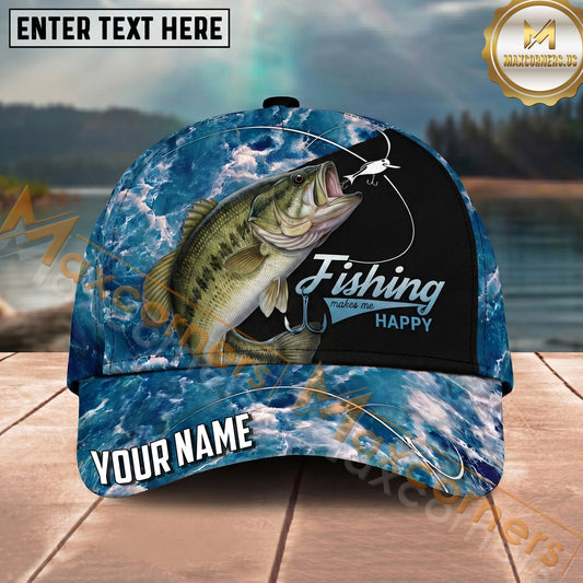 Maxcorners Fishing Blue Ocean Foam Happy Quote Personalized Name 3D Cap (12 Fish Species)