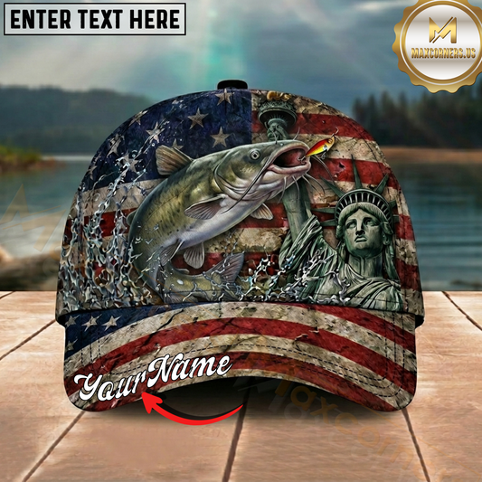 Maxcorners Fishing Vintage USA Flag Statue Of Liberty Personalized 3D Cap (12 Fish Species)