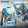 Maxcorners Fishing Blue Water Splash Personalized Name, Team Name 3D Long Sleeve Shirt ( 12 Fish Species)