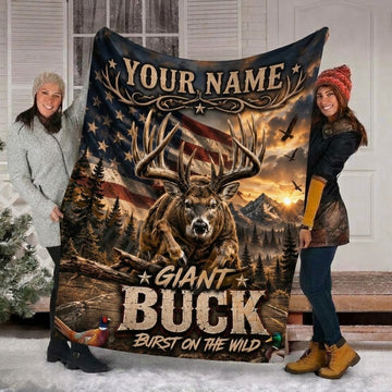 Maxcorners Hunting Giant Running Buck Eagles American Flag Mountain Forest Custom Name 3D Blanket