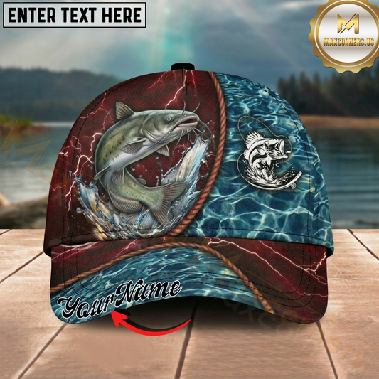 Maxcorners Fishing Red Lightning Water Texture Rope Personalized 3D Cap (12 Fish Species)