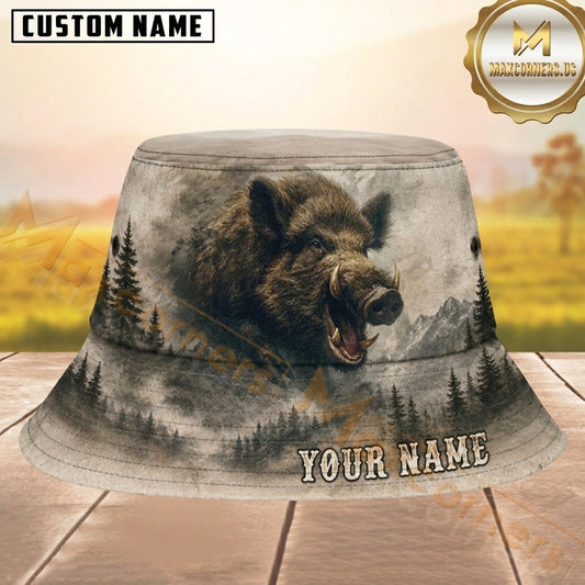 Maxcorners Wild Boar Hunting Vintage Gray Forest Personalized Name 3D Bucket Hat