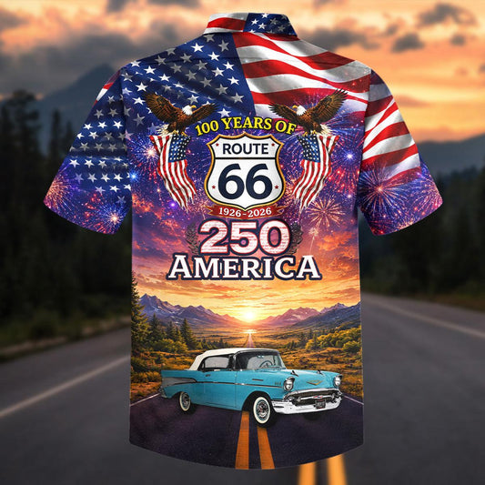 Maxcorners 100 Years of Route 66 & America 250th Anniversary Vintage Car Patriotic Hawaiian Shirt