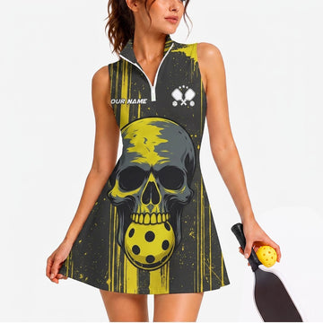Maxcorners Pickleball Sleeveless Zipper Sports Dress Set Yellow Skull Pickleball Personalized Name 3D Sleeveless Zipper Sports Dress Set