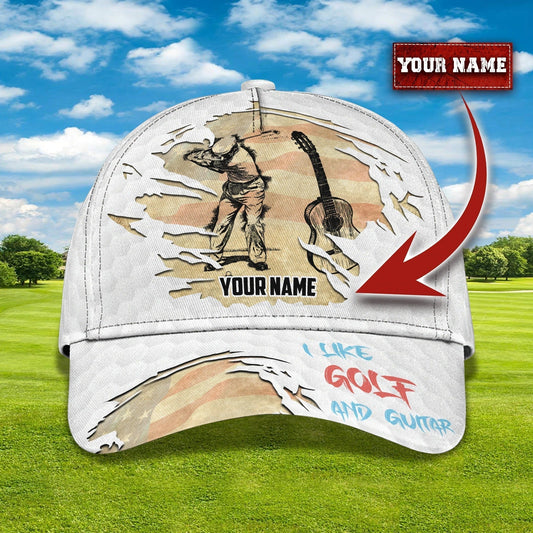 Maxcorners Custom With Name Baseball Cap For Golfer, I Like Golf And Guitar 3D Cap Hat, Golf Hat Mens LM0402