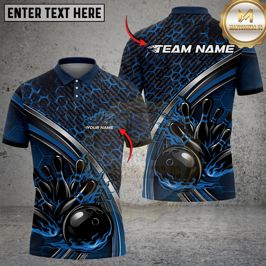 Maxcorners Bowling Shirt Blue Carbon Fiber Hexagon Flame Ball Design Multicolor Options Personalized Name, Team Name 3D Shirt (4 Colors)