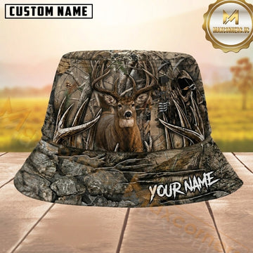 Maxcorners Whitetail Deer Hunting Brown Woodland Camo Grim Reaper Personalized Name 3D Bucket Hat