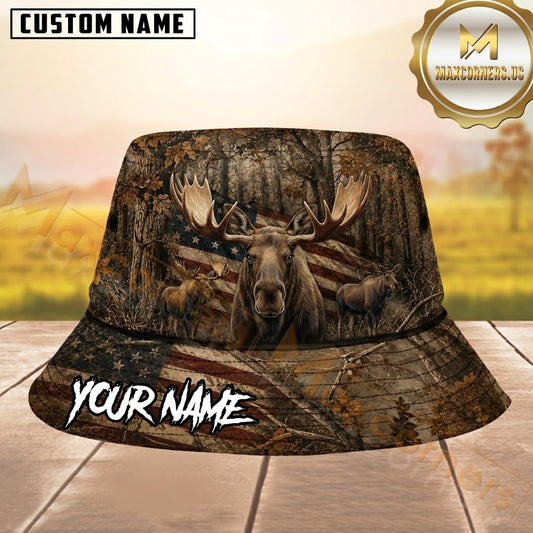 Maxcorners Moose Hunting Faded US Flag Woods Camo Personalized Name 3D Bucket Hat