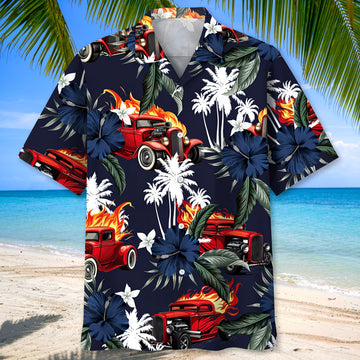 Maxcorners Hot Rod Fire Blue Tropical Hawaiian Shirt