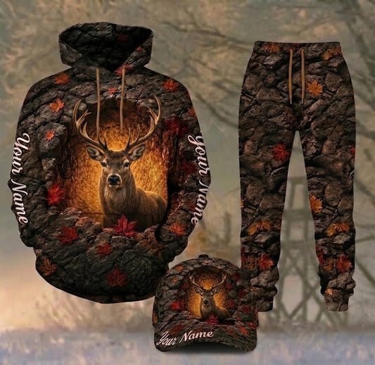 Maxcorners Hunting Deer Autumn Stone Cave Personalized 3D Shirts