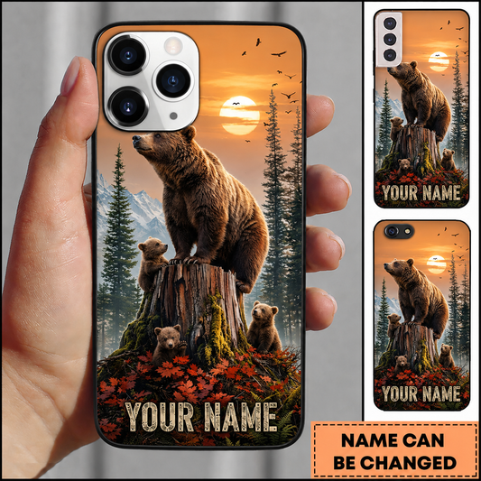Maxcorners Hunting Brown Bear Cubs Wilderness Autumn Nature Tree Stump Sunset Customized Name Phone Case