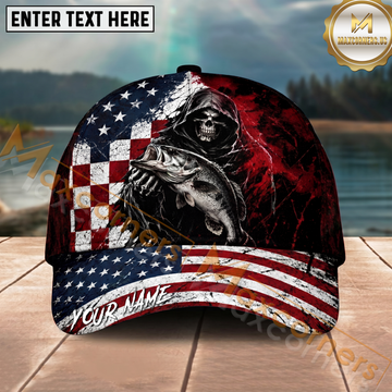 Maxcorners Fishing Grunge American Flag Reaper Personalized Name 3D Cap (12 Fish Species)