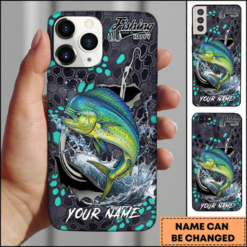 Maxcorners Mahi-mahi Fishing Hexagon Tech Pattern Hook Icon Water Splash Personalized Name Phone Case