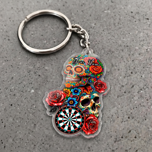 Maxcorners Floral Sugar Skull Darts Personalized Name Keychain
