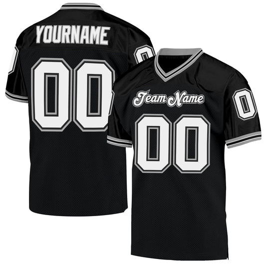 Maxcorners Custom Black White-Gray Mesh Authentic Throwback Football Jersey LM2605