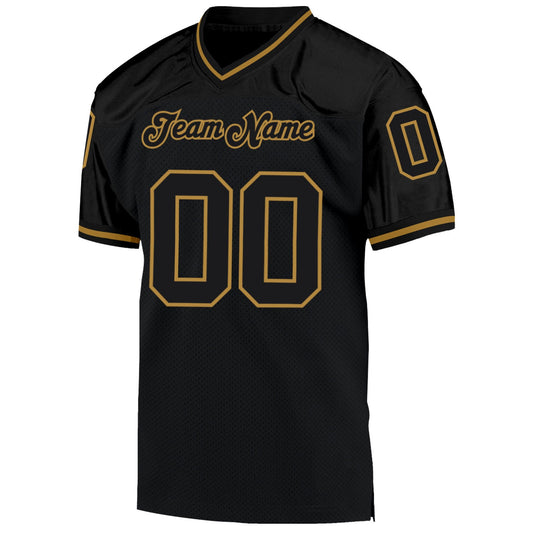 Maxcorners Custom Black Black-Old Gold Mesh Authentic Throwback Football Jersey LM2605