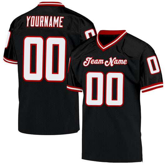 Maxcorners Custom Black White-Red Mesh Authentic Throwback Football Jersey LM2605