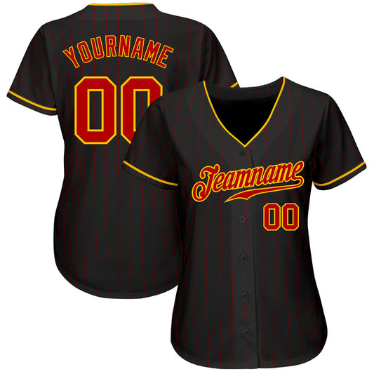 Maxcorners Custom Black Red Pinstripe Red-Gold Authentic Baseball Jersey LM2605