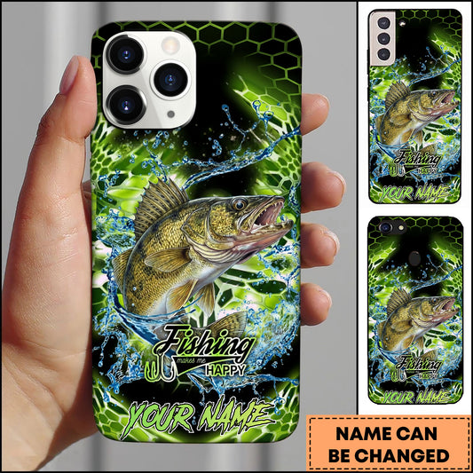 Maxcorners Walleye Fishing Neon Green Honeycomb Water Splash Personalized Name Phone Case