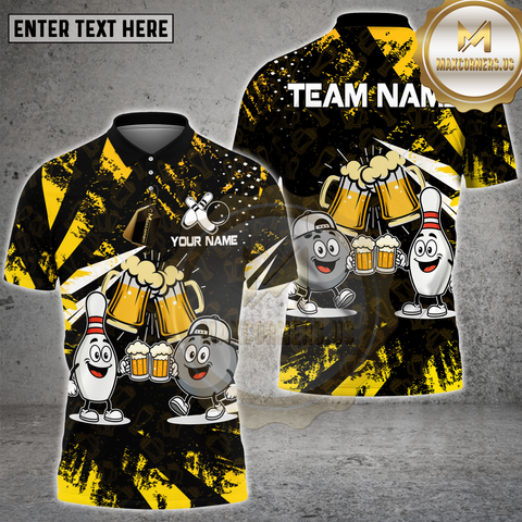Maxcorners Bowling Shirt – Funny Beer & Bowling Pins Cartoon Design – Multi Options Personalized Name, Team Name 3D Shirt