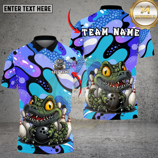 Maxcorners Funny Alligator Bowling Ball Cartoon Style Multicolor Options Personalized Name, Team Name 3D Shirt (4 Colors)