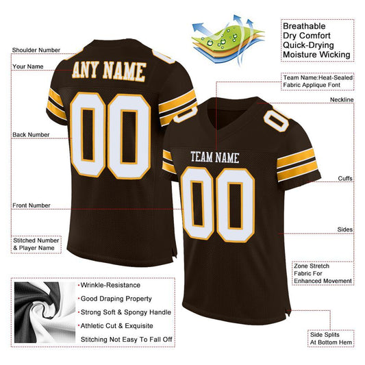 Maxcorners Custom Brown White-Gold Mesh Authentic Football Jersey LM2605