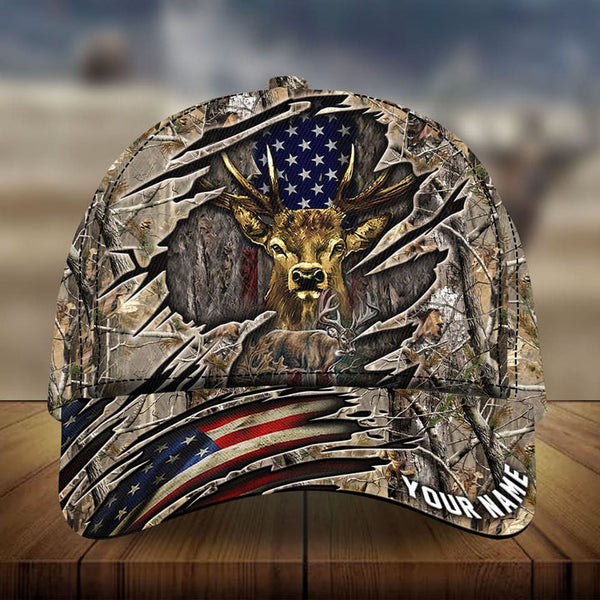 Maxcorners Loralle Cracked Camouflage Deer Hunting US Flag Pattern 3D Multicolor Personalized Cap