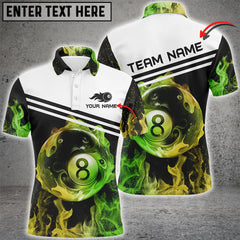 Maxcorners Personalized Name 8 Ball Billiard In Green And Yellow Flames All Over Print 3D Polo Shirts