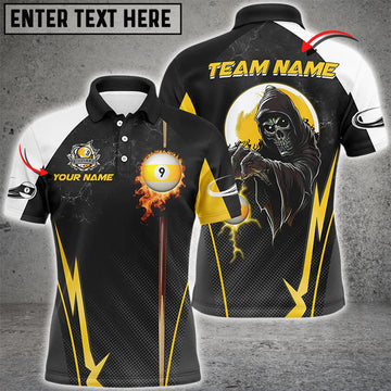Maxcorners Funny Death Skeleton Billiard Ball 9 Fire And Cue Custom Men Polo Shirts