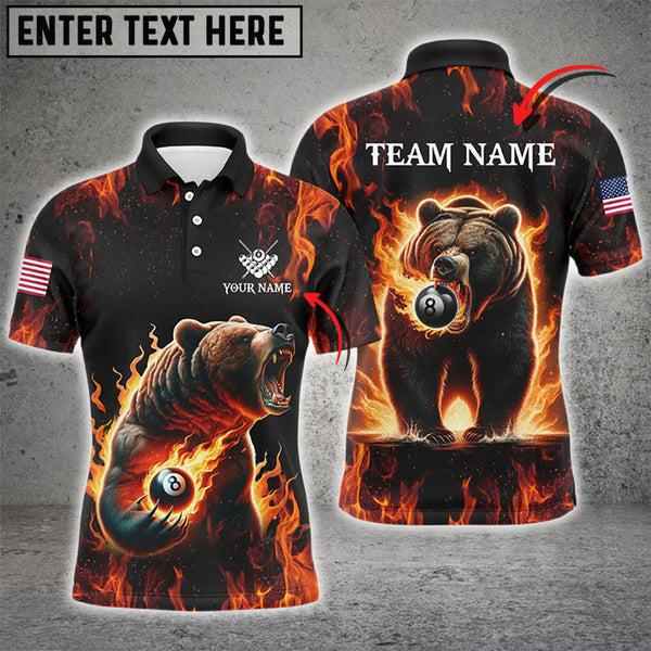 Maxcorners Funny Bear And 8 Ball Pool Fire Flame Men Billiard Polo Shirts