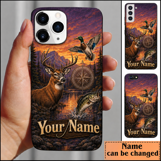 Maxcorners Hunting Deer Duck Bass Purple Orange Sunset Compass Customized Name Phone Case