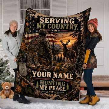 Maxcorners Hunting Military American Flag Deer Turkey Sunset Camo Custom Name 3D Blanket