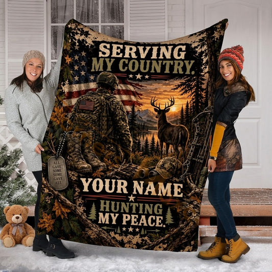 Maxcorners Hunting Military American Flag Deer Turkey Sunset Camo Custom Name 3D Blanket