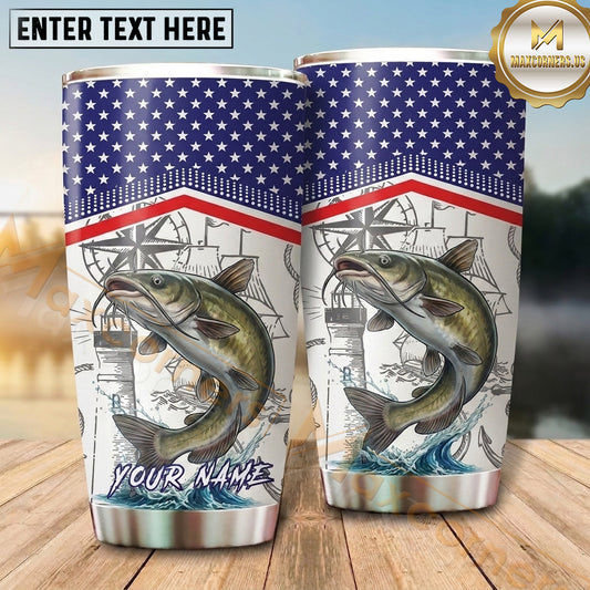 Maxcorners Fishing Tumbler Patriotic Flag Technical Blueprint Design Personalized Name Tumbler (13 Species)
