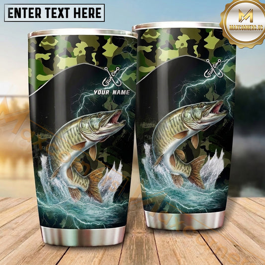 Maxcorners Fishing Tumbler Green Camouflage Moonlight Design Personalized Name Tumbler (13 Species)