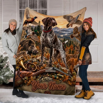 Maxcorners Hunting Pointer Dog Flying Ducks Pheasant Boar Deer Shotgun Custom Name 3D Blanket
