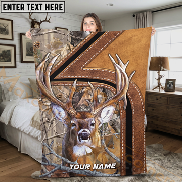 Maxcorners Rustic Leather Trophy Buck Woodland Camo Personalized 3D Blanket