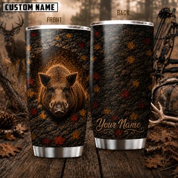 Maxcorners Hunting Boar Pinecone Autumn Leaves Personalized Name 3D Tumbler