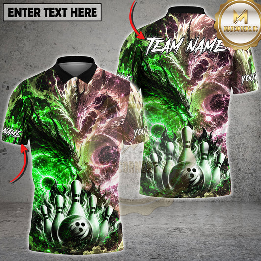 Maxcorners Fire Ice Dragon Bowling Strike Fantasy Multicolor Options Personalized Name, Team Name 3D Shirt (4 Colors)
