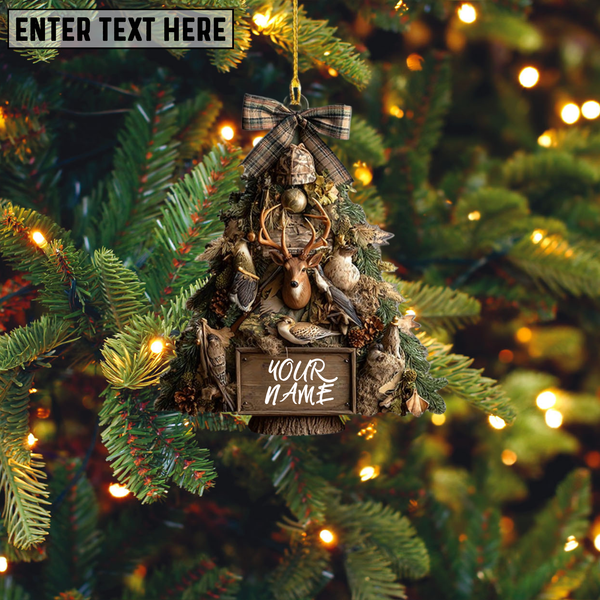 Maxcorners Personalized Hunter Lodge Christmas Ornament – Flat Tree Shaped Holiday Decor with Deer, Birds & Bow, Custom Rustic Gift, 2D Flat Ornament