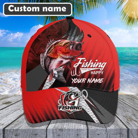 Maxcorners Custom Name Bass Fishing Makes Me Happy 3D Cap