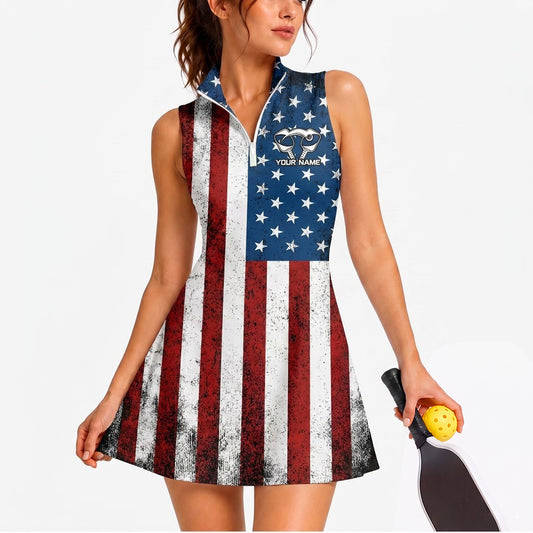 Maxcorners Pickleball Sleeveless Zipper Sports Dress Set Vintage American Flag Personalized Name 3D Sleeveless Zipper Sports Dress Set