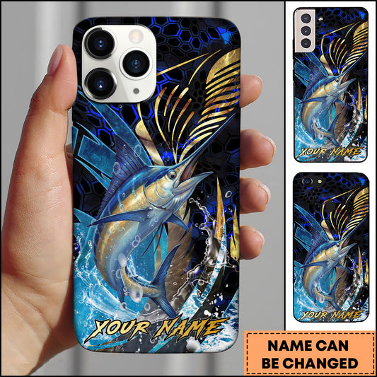 Maxcorners Marlin Fishing Blue Honeycomb Splash Art Personalized Name Phone Case