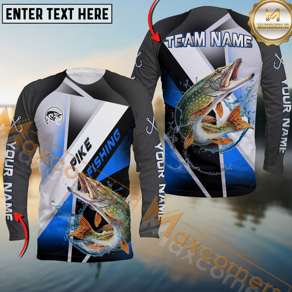 Maxcorners Pike Fishing Gradient Blue Sea Pattern Sport Custom Name & Team Name 3D Shirts