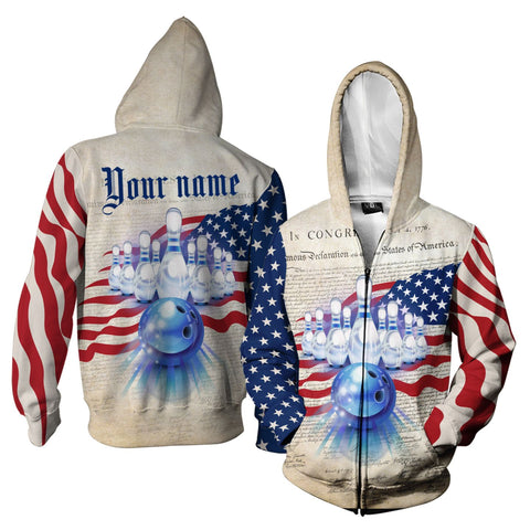 Maxcorners Bowling 4Th July With The Congress Declare Independence Customized Name 3D Zipper Hoodie