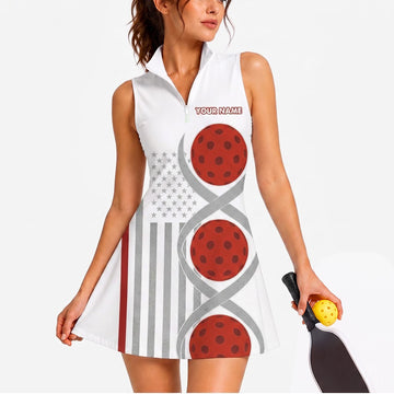 Maxcorners Pickleball Sleeveless Zipper Sports Dress Set Red Triple Pickleball Stripes Personalized Name 3D Sleeveless Zipper Sports Dress Set