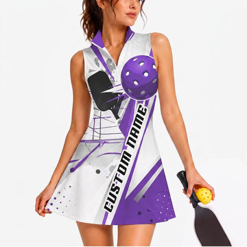 Maxcorners Pickleball Sleeveless Zipper Sports Dress Set Purple Ball Custom Name Stripe Personalized Name 3D Sleeveless Zipper Sports Dress Set